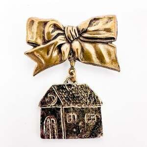 Gold Bow and House Brooch unique vintage